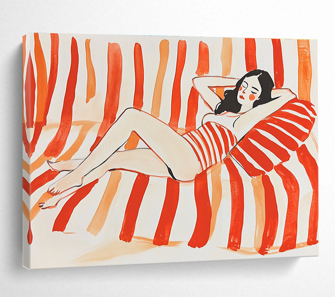 Relaxed Woman on Stripes: Carefree Summer Vibes Abstract Painting ABS164