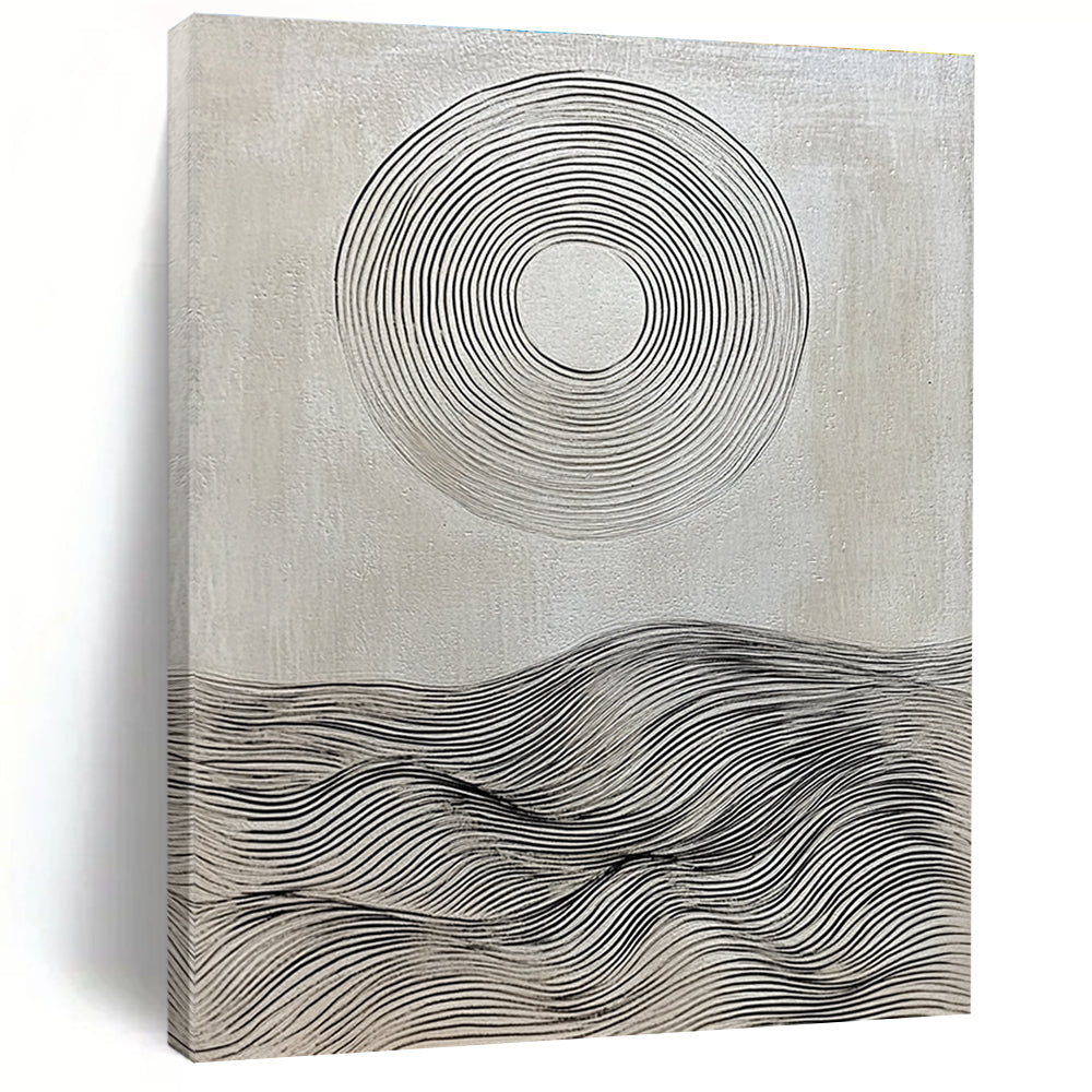 Black and White Wave Circle Painting of Minimalist Serenity GAB0164