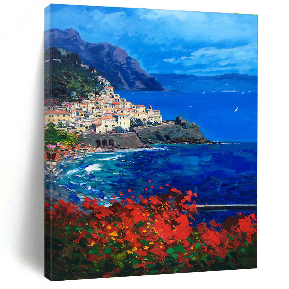 Coastal Village with Mountains Abstract Painting for Italian - Inspired Villas HENG533