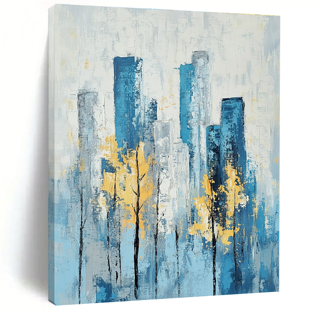 Blue Cityscape with Yellow Trees Serene Abstract Painting for Urban Homes GAB1402