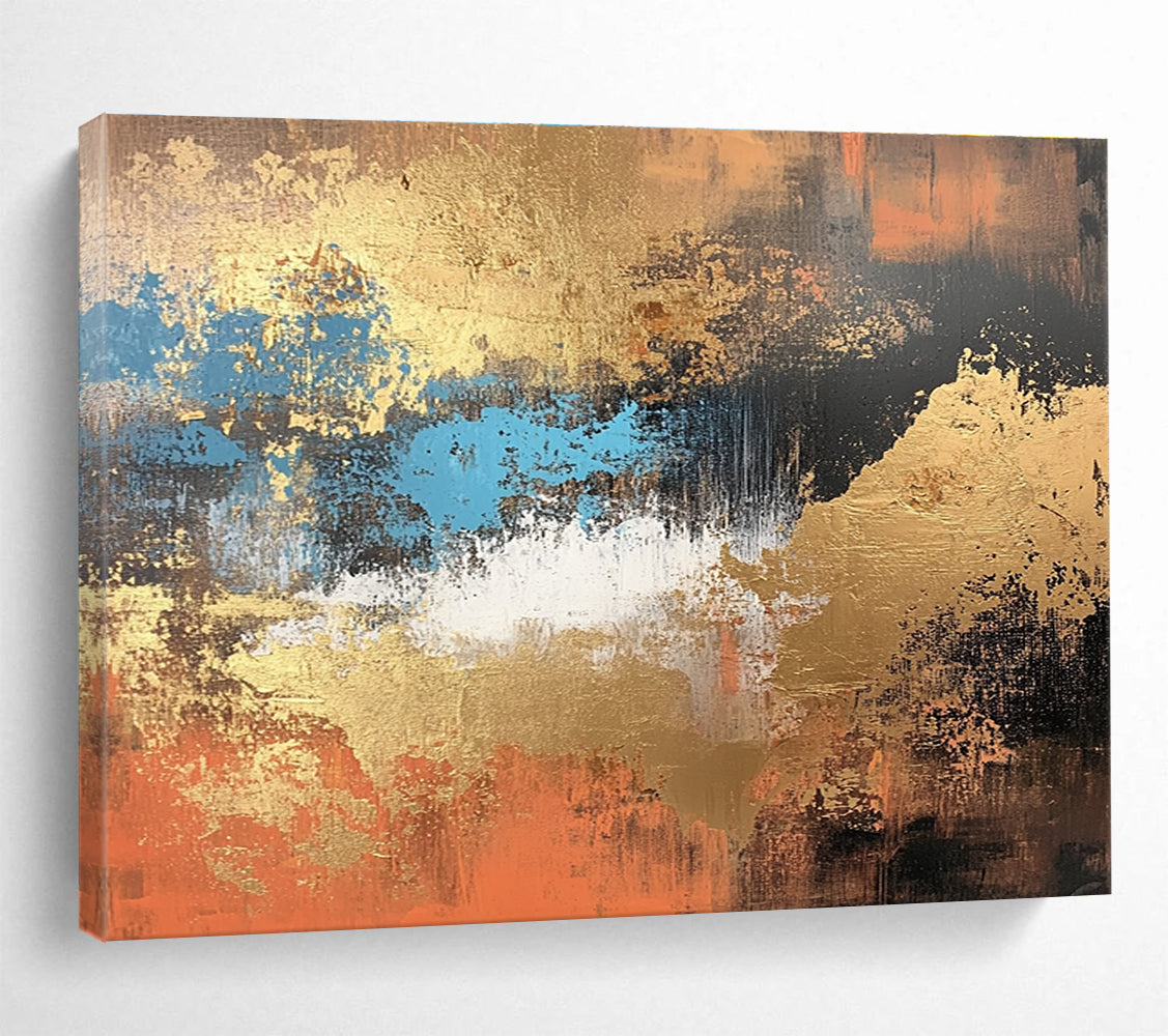 Gold - Blue Abstract Painting with Textured Brushstrokes ABS251