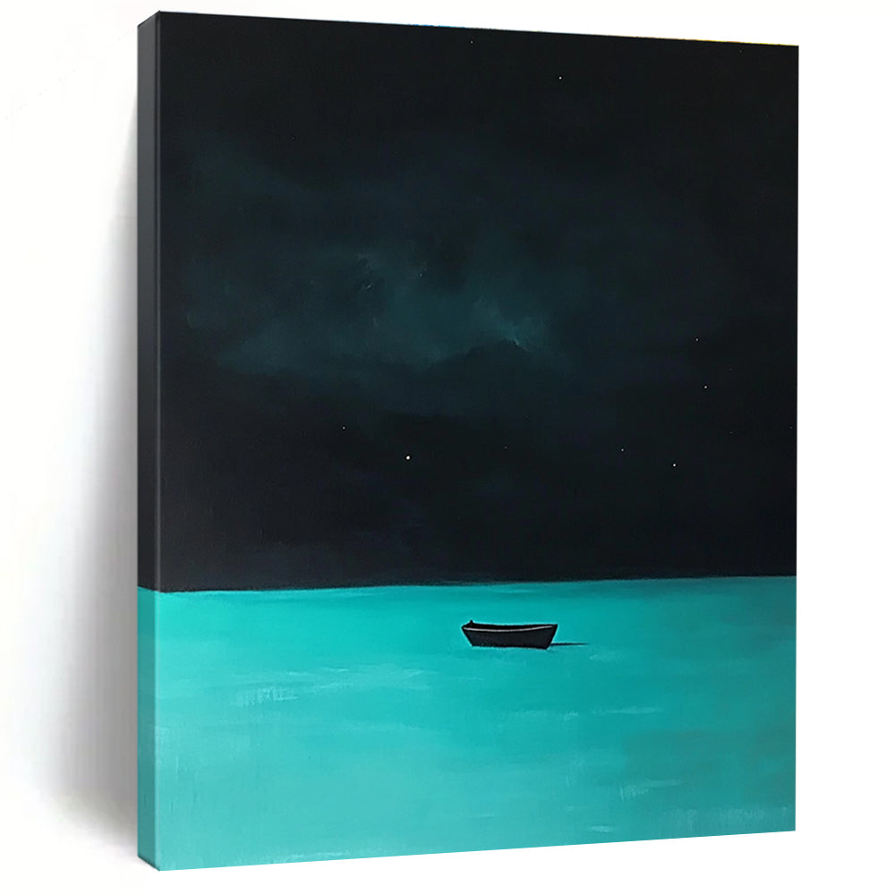 Boat on Turquoise Water at Night Mysterious Seascape Abstract Painting GAB0353