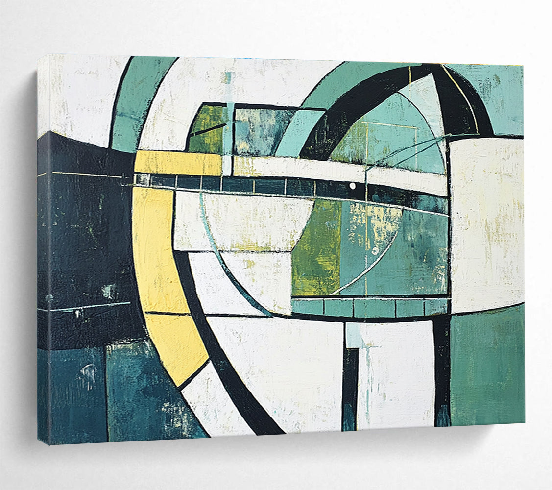 Green and Yellow Geometric Abstract Painting with Structural Harmony ABS411
