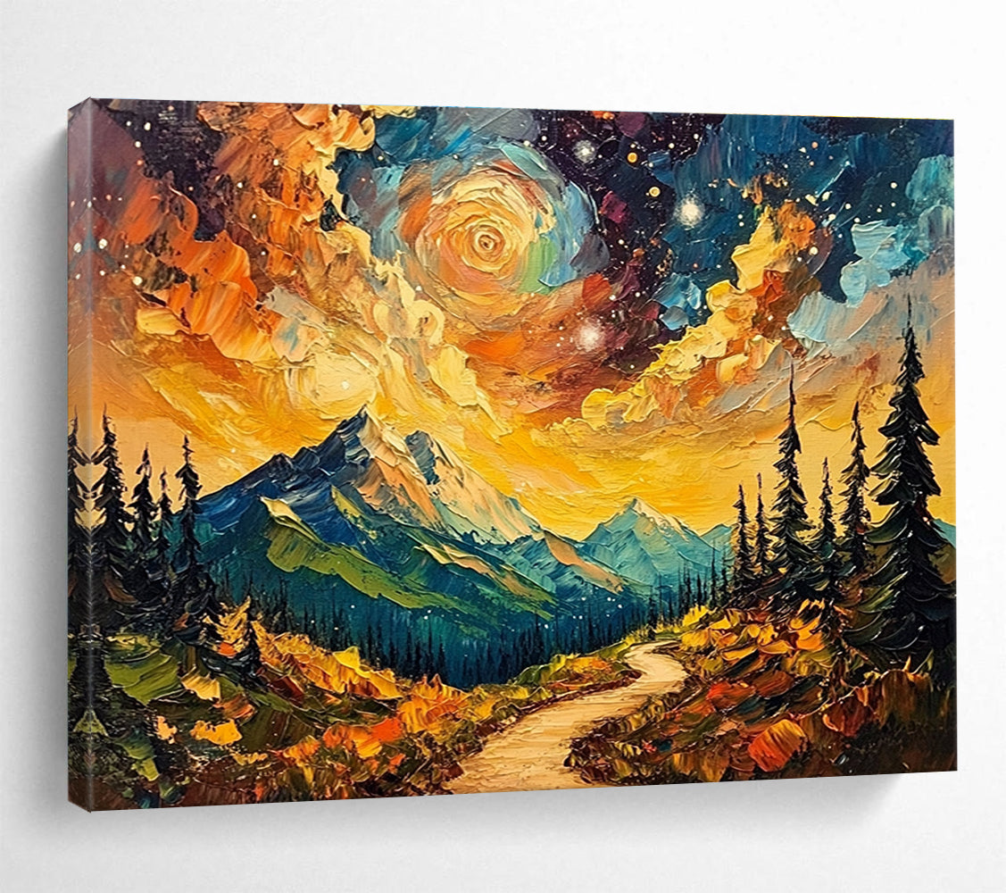 Mountain Path Under Starry Sky: Dreamy Wilderness Adventure Abstract Painting ABS155