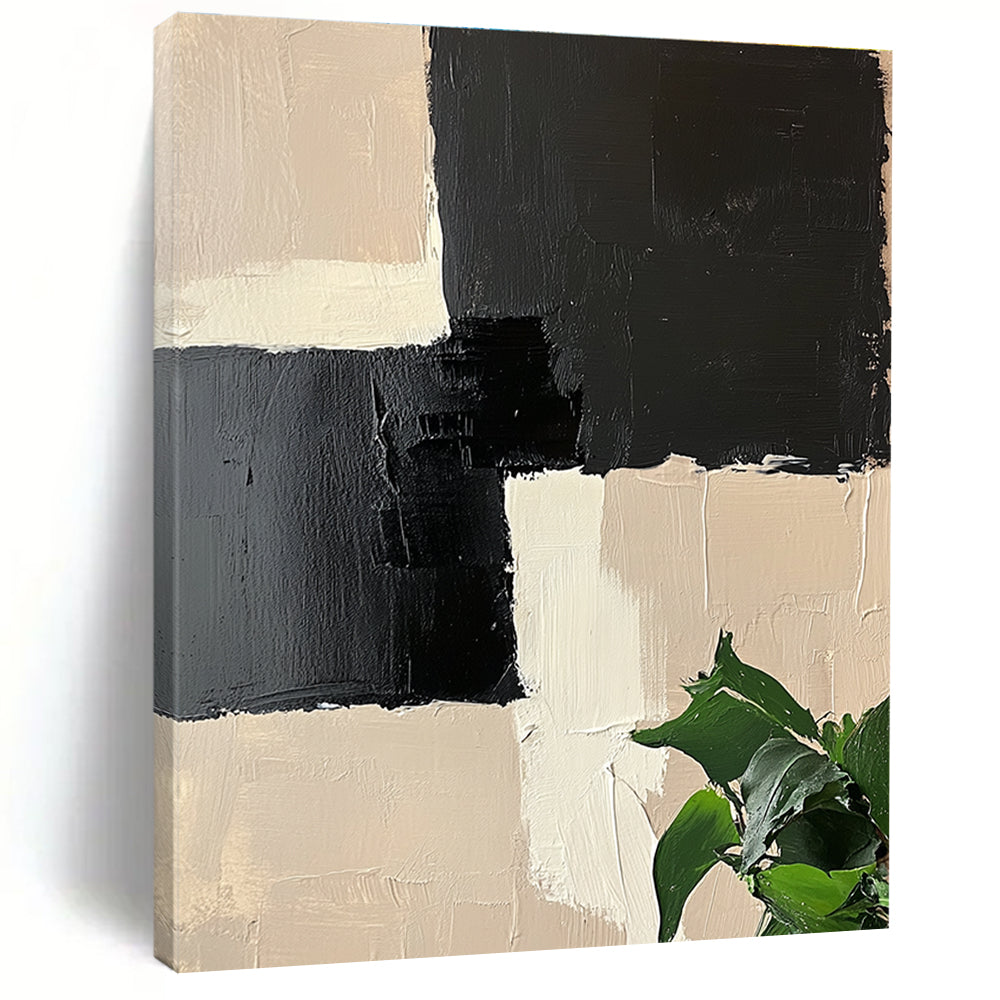 Beige and Black Geometric Abstract Painting with Textured Squares GAB0060