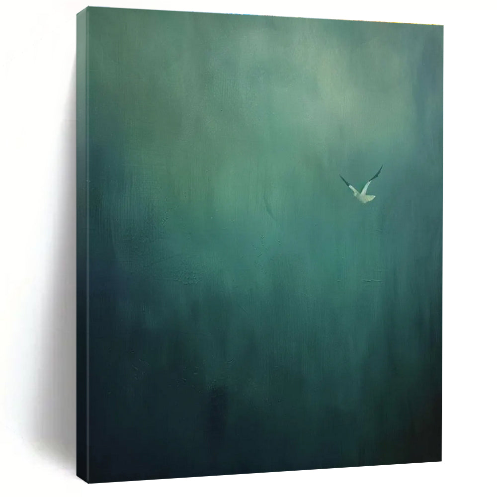 Solitary Bird in Green Abstract Painting for Peaceful Meditation Rooms HENG477