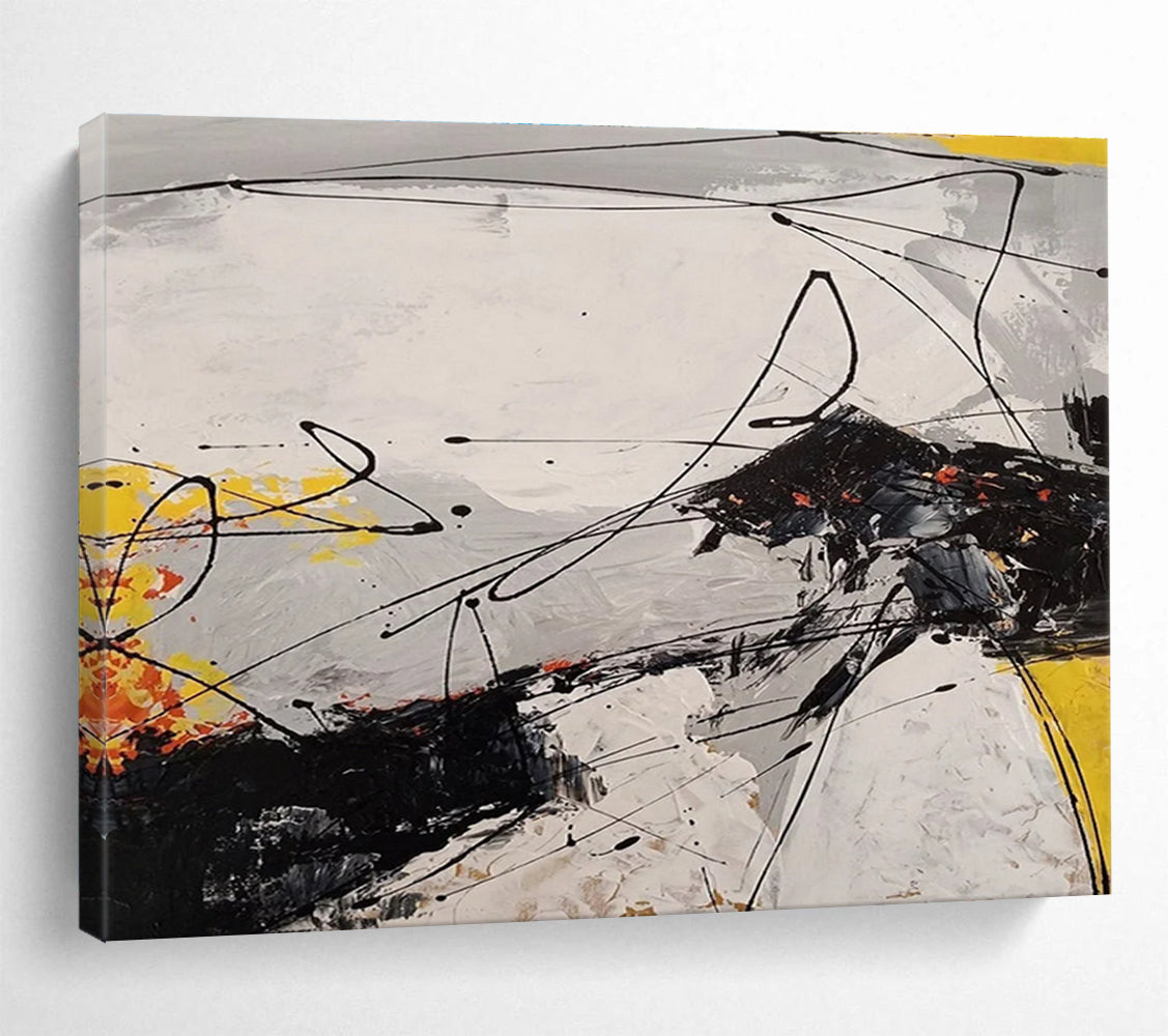 Dynamic Black - White - Yellow Abstract Energetic Painting for Bold Interiors YHT029