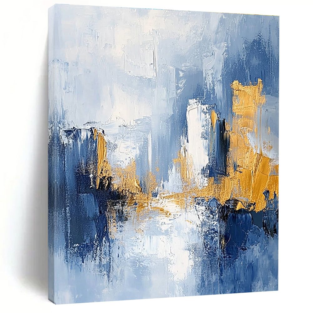 Light Blue - Gold Abstract Cityscape Painting with Dreamy Urbanity WINK378