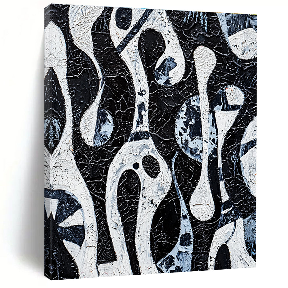 Black and White Flowing Forms Abstract Painting with Intricate Textures GAB0057