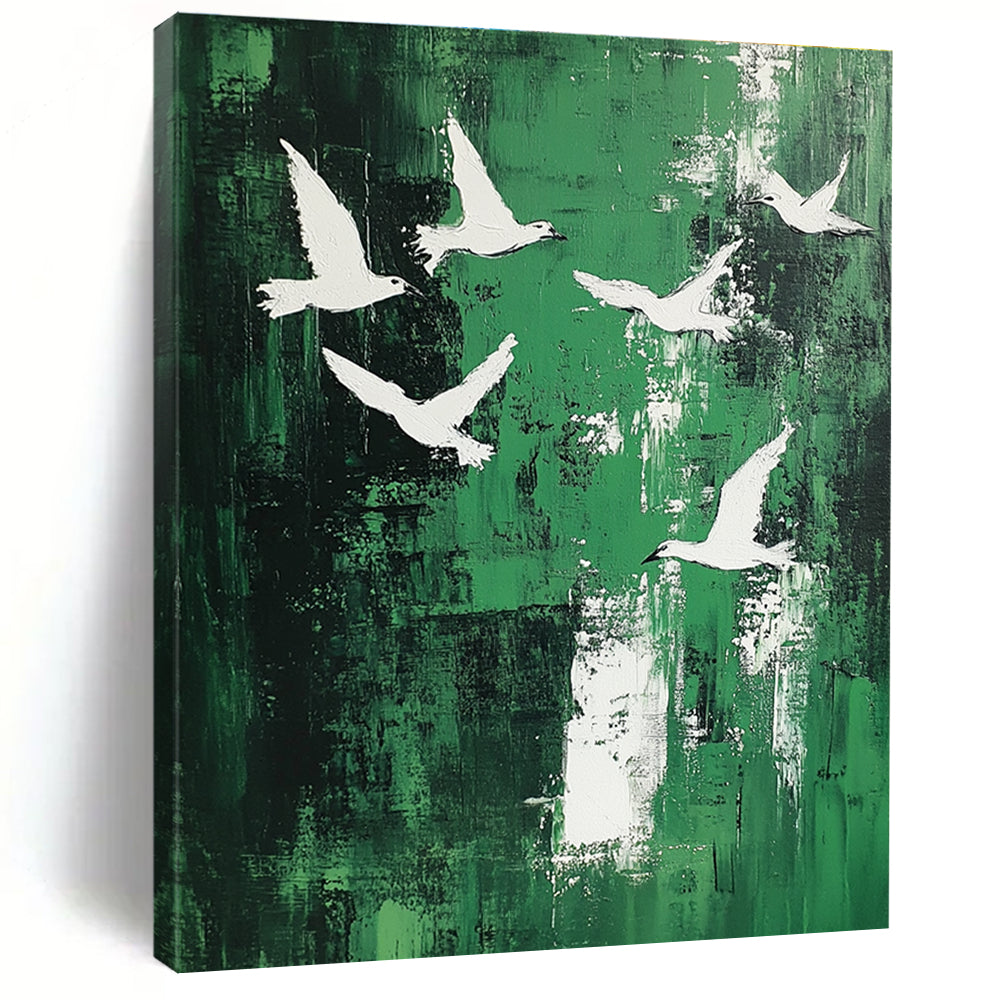White Birds on Green Abstract Painting for Contemporary Garden Galleries GAB0827