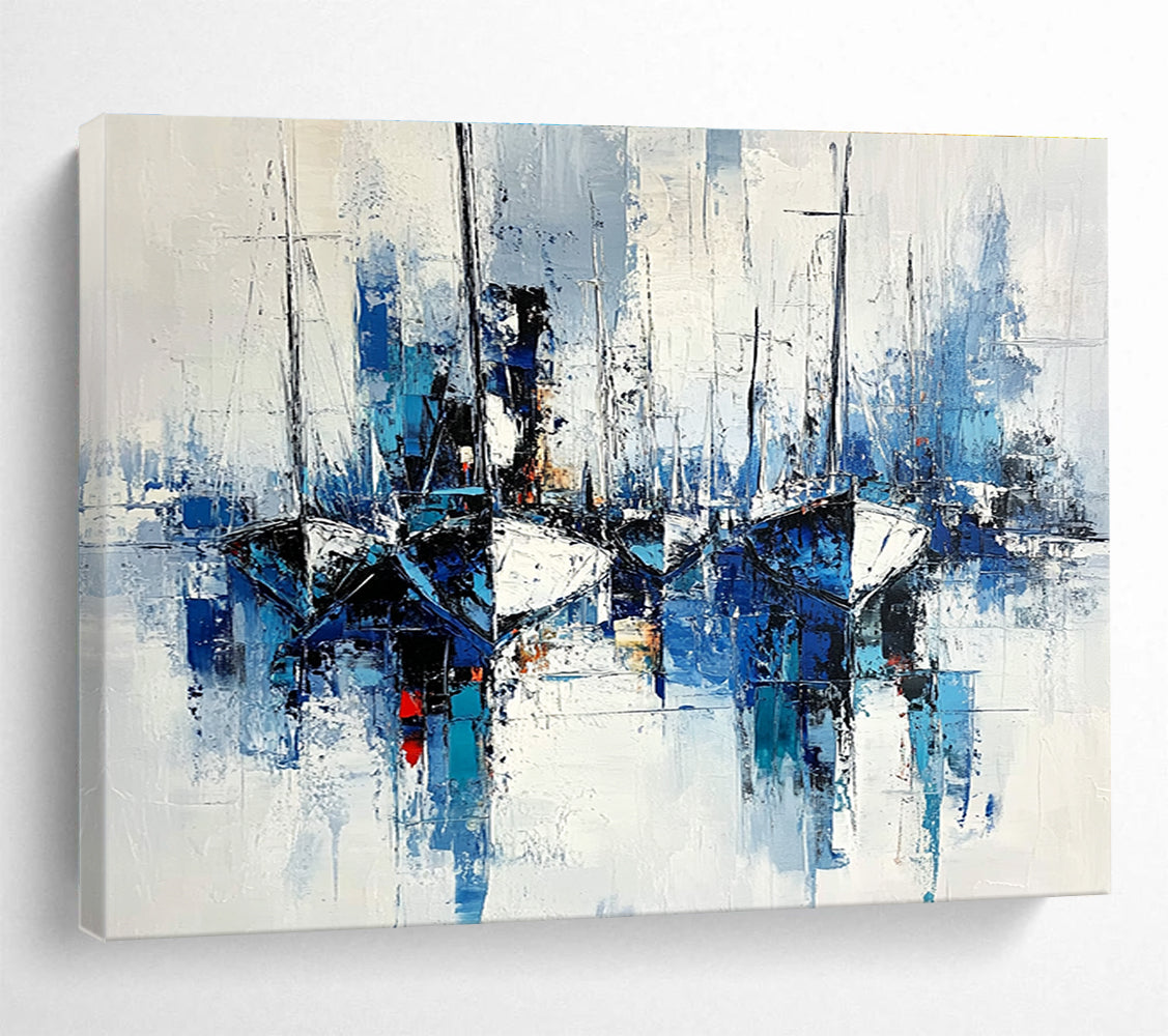 Blue - Toned Harbor Boats Scene Abstract Painting ABS191
