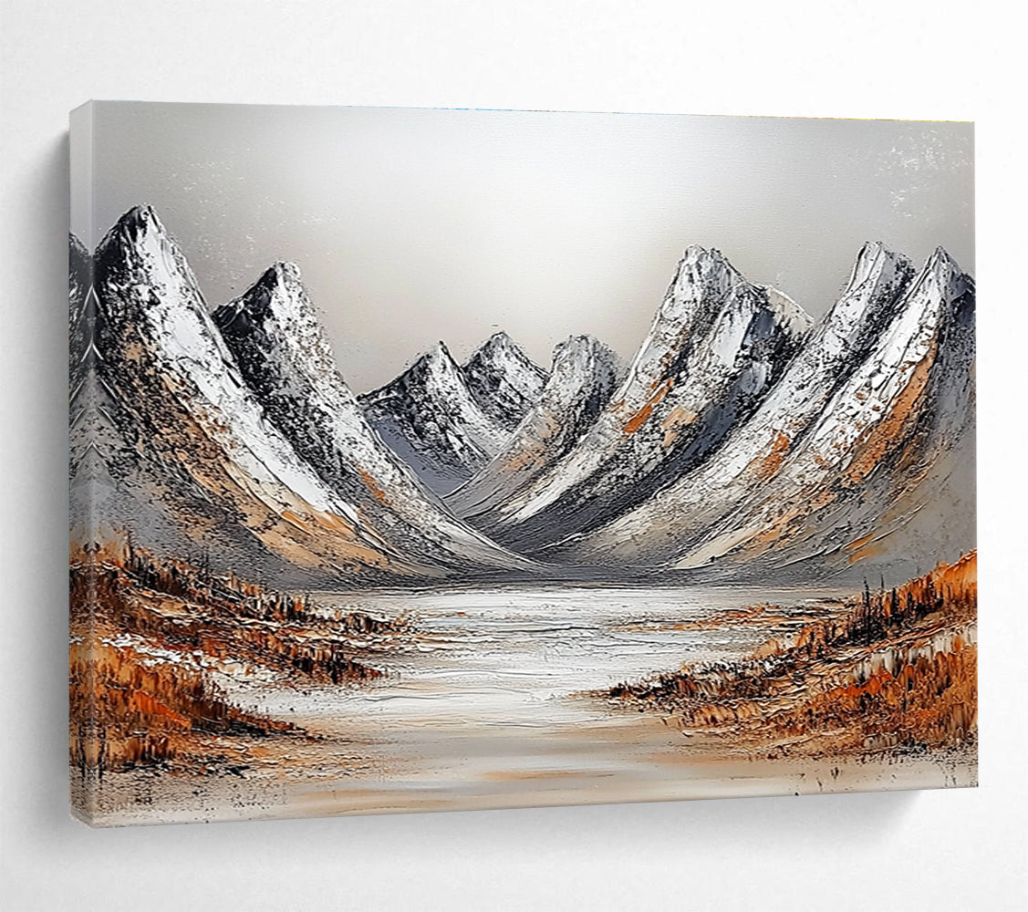 Snowy Mountains with Lake Abstract Painting with Frosty Serenity ABS608