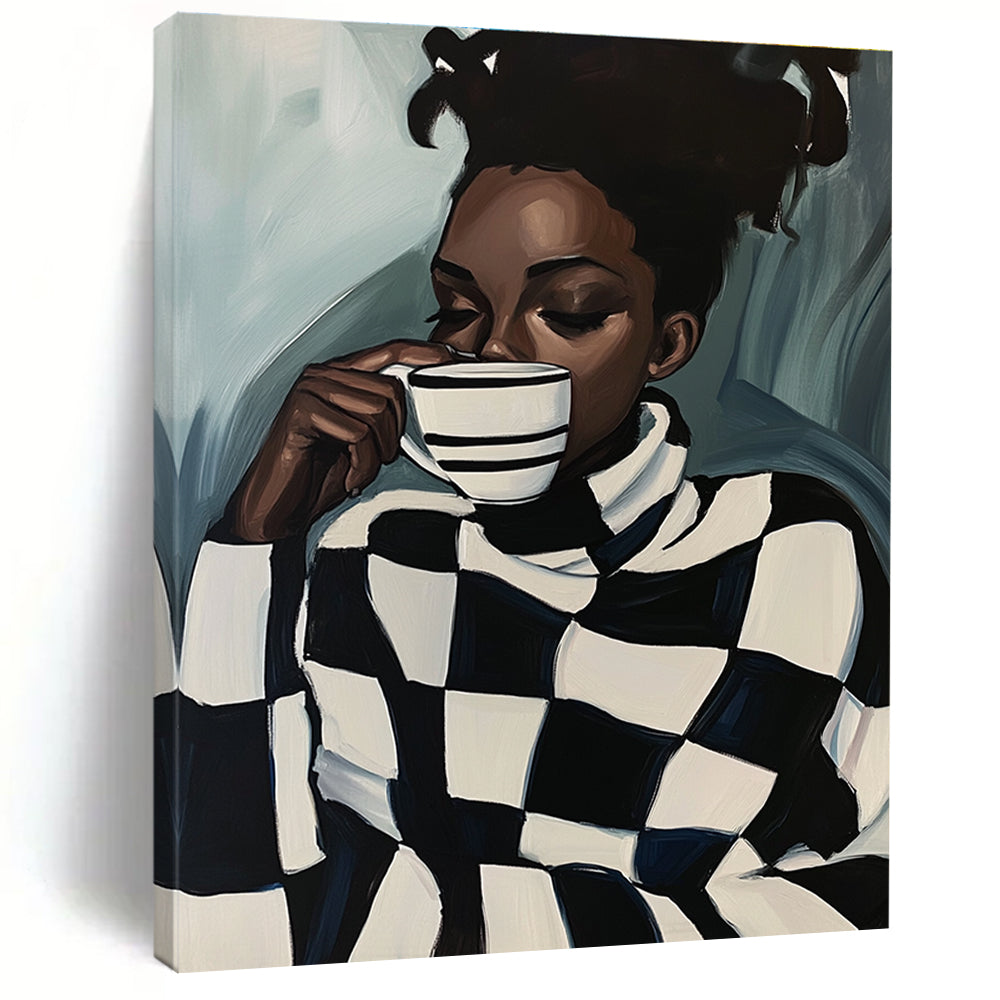 Stylish Woman with Checkered Sweater Abstract Painting GAB0038