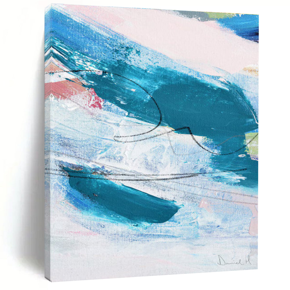Blue - Teal Abstract with Curves Painting for Coastal - Inspired Spaces HENG151
