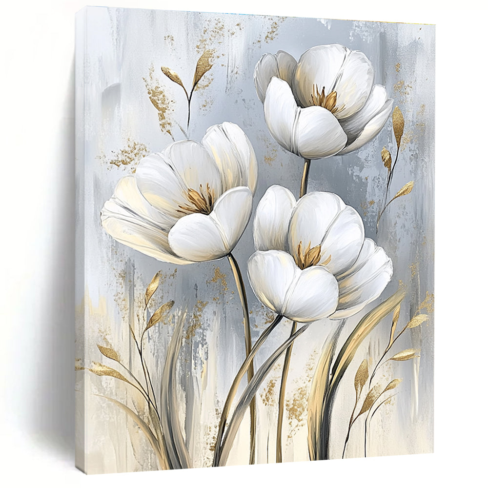 White Tulips with Gold Chic Abstract Painting for Modern Living GAB1526