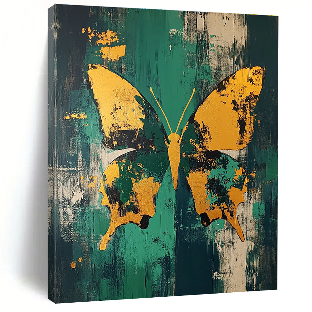 Golden Butterfly on Green Abstract Painting for Lively Interiors GAB0693