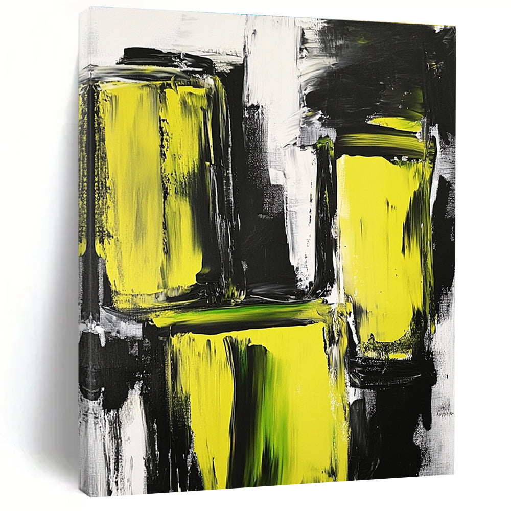 Vibrant Yellow Black Abstract Painting with Energetic Contrast WINK593