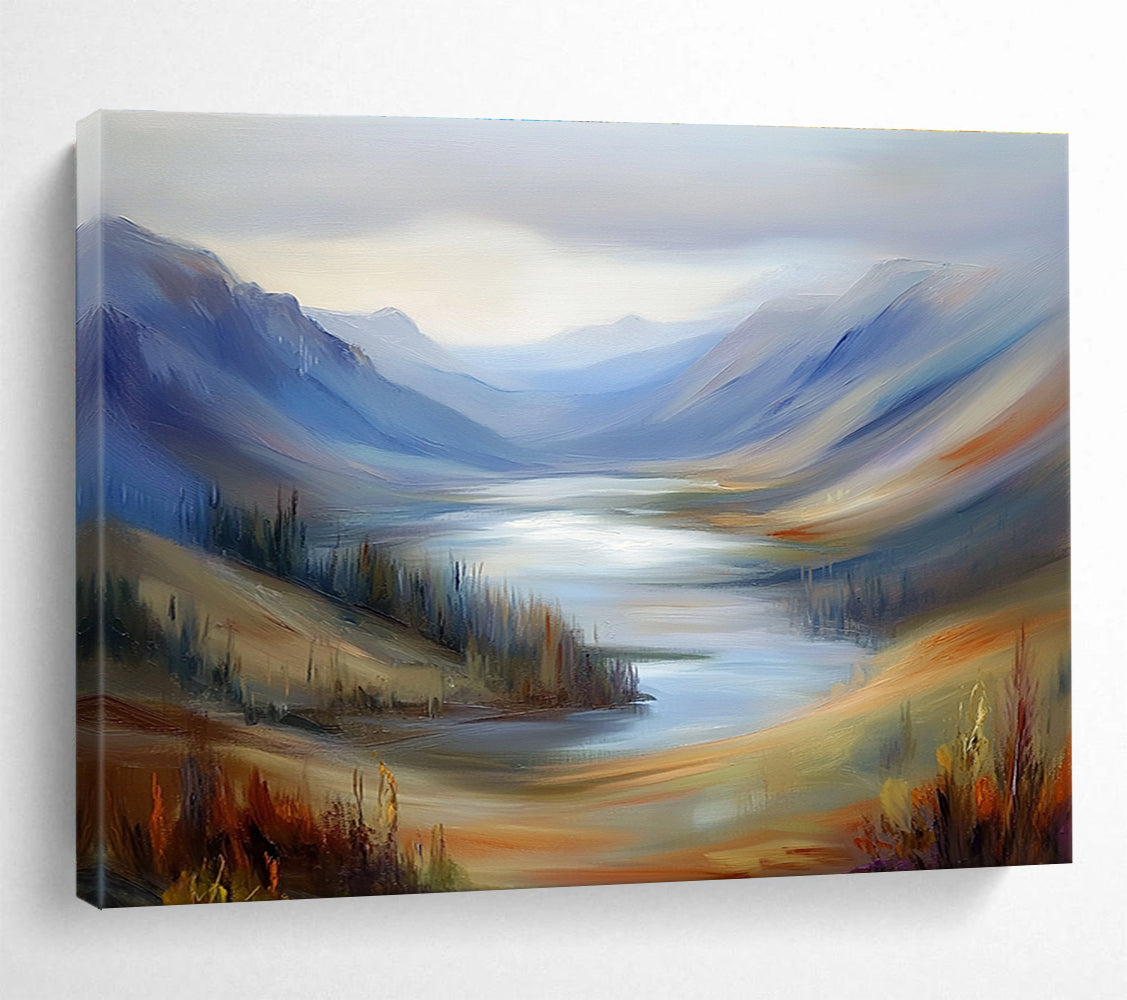 Misty Mountain Valley Lake Painting with Soothing Tranquil Hues ABS560