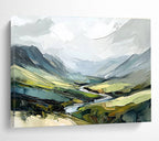 Mountain Valley with River Abstract Painting with Lush Greens ABS597