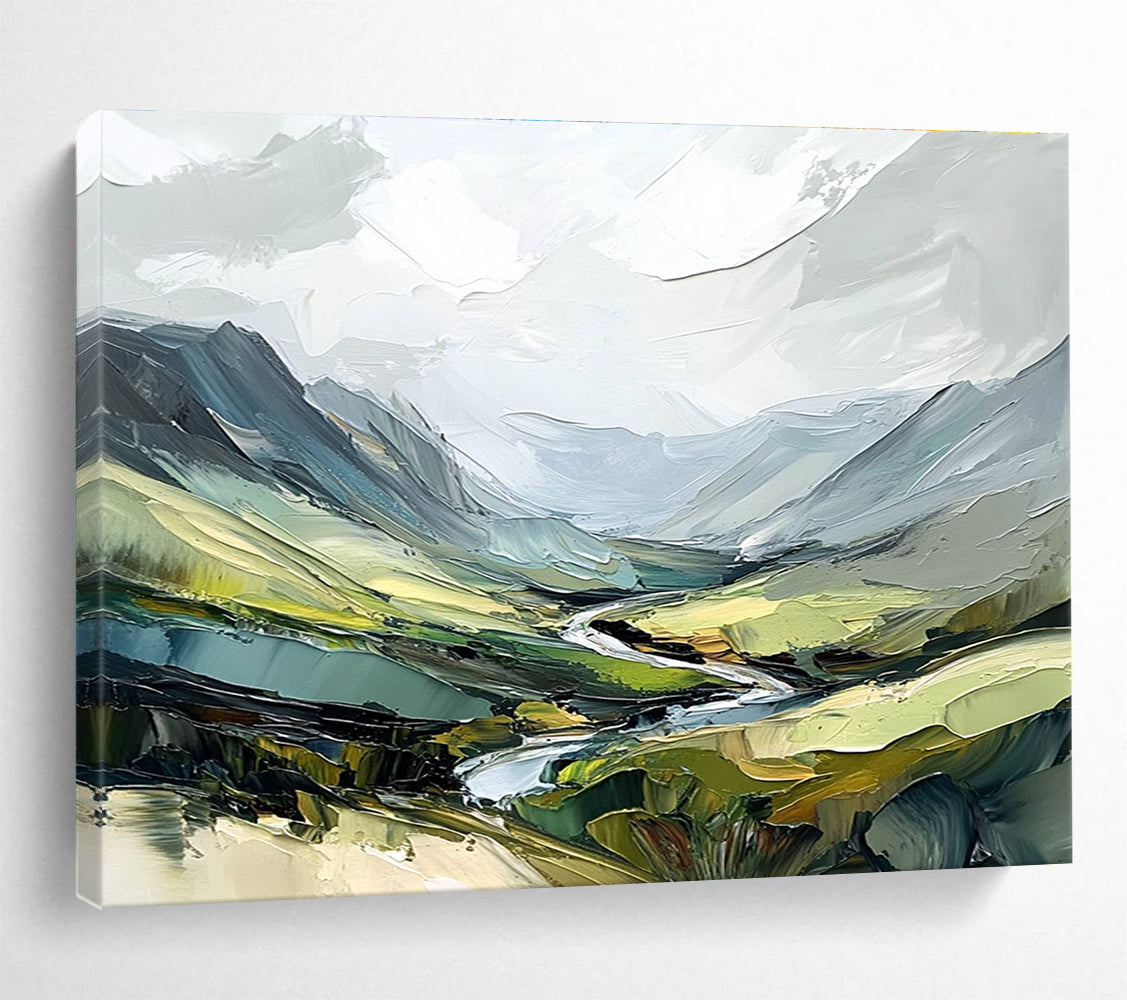 Mountain Valley with River Abstract Painting with Lush Greens ABS597