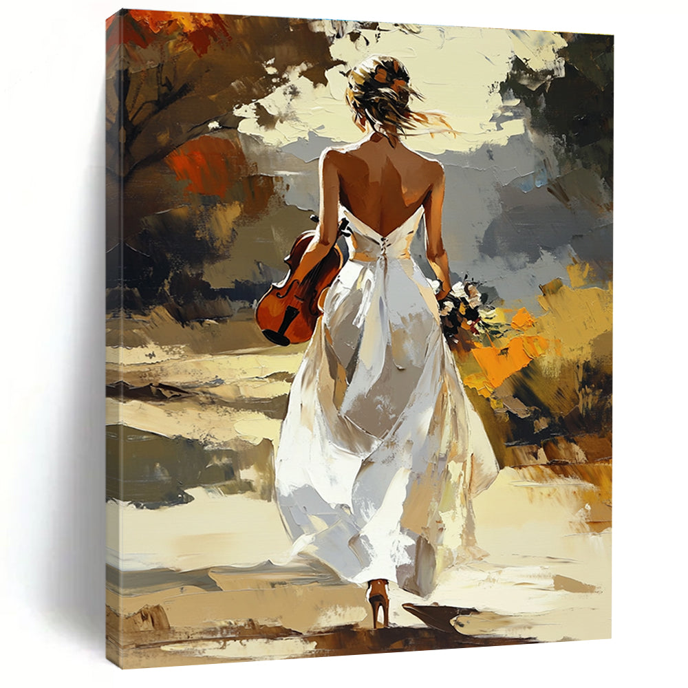 Woman with Violin in White Dress Romantic Abstract Painting for Artistic Spaces GAB1430