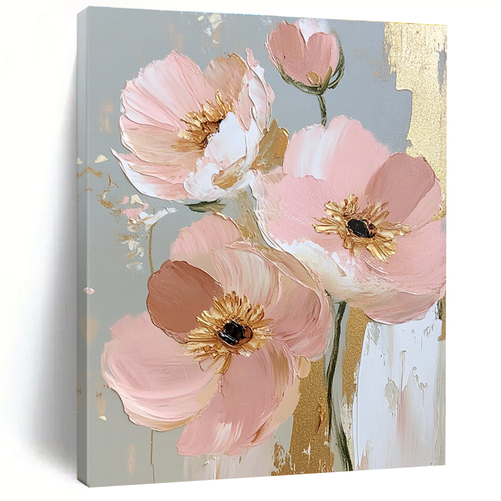 Pink Flowers with Gold Accents Elegant Abstract Painting for Sophisticated Interiors GAB1421