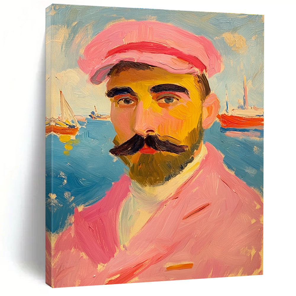 Man with Pink Hat Impressionistic Portrait Abstract Painting GAB0322