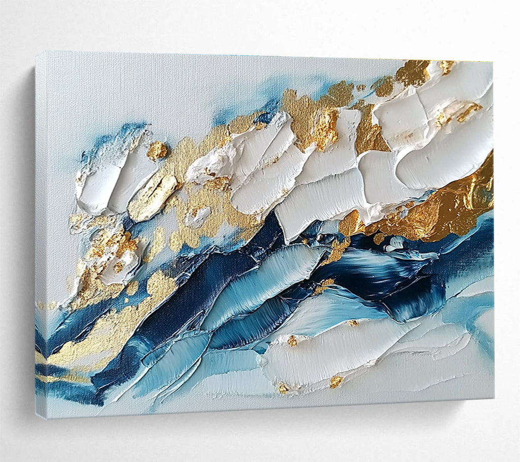 Blue - White - Gold Abstract Painting with Textured Impasto ABS260