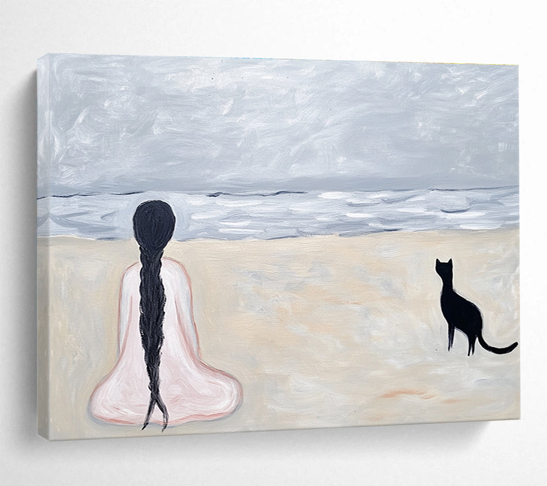 Woman and Cat on the Beach  A Moment of Solitude ABS060