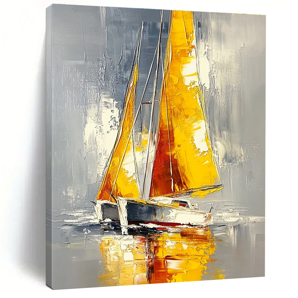 Yellow - Sailed Boat on Gray Water Abstract Painting for Nautical Spaces GAB1445