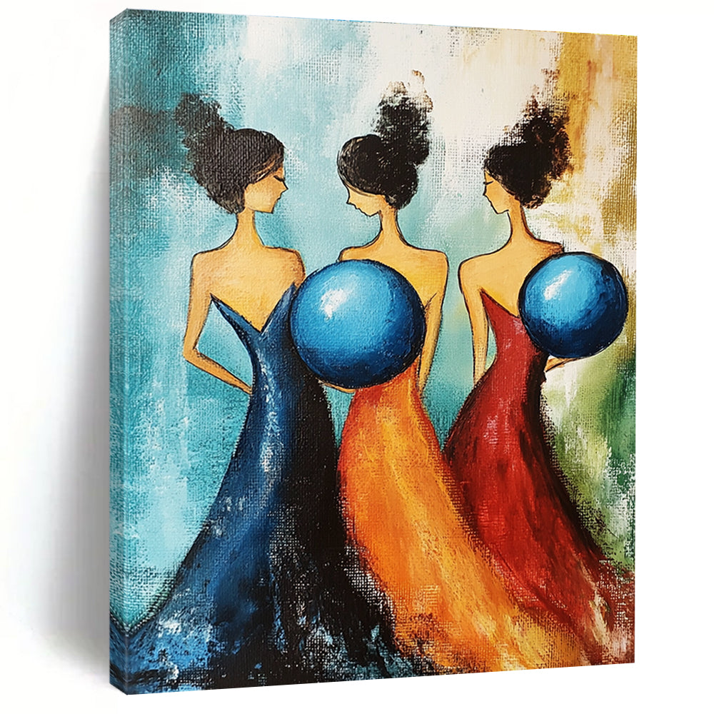 Three Women with Blue Spheres - Whimsical Figurative Abstract Art GAB0431