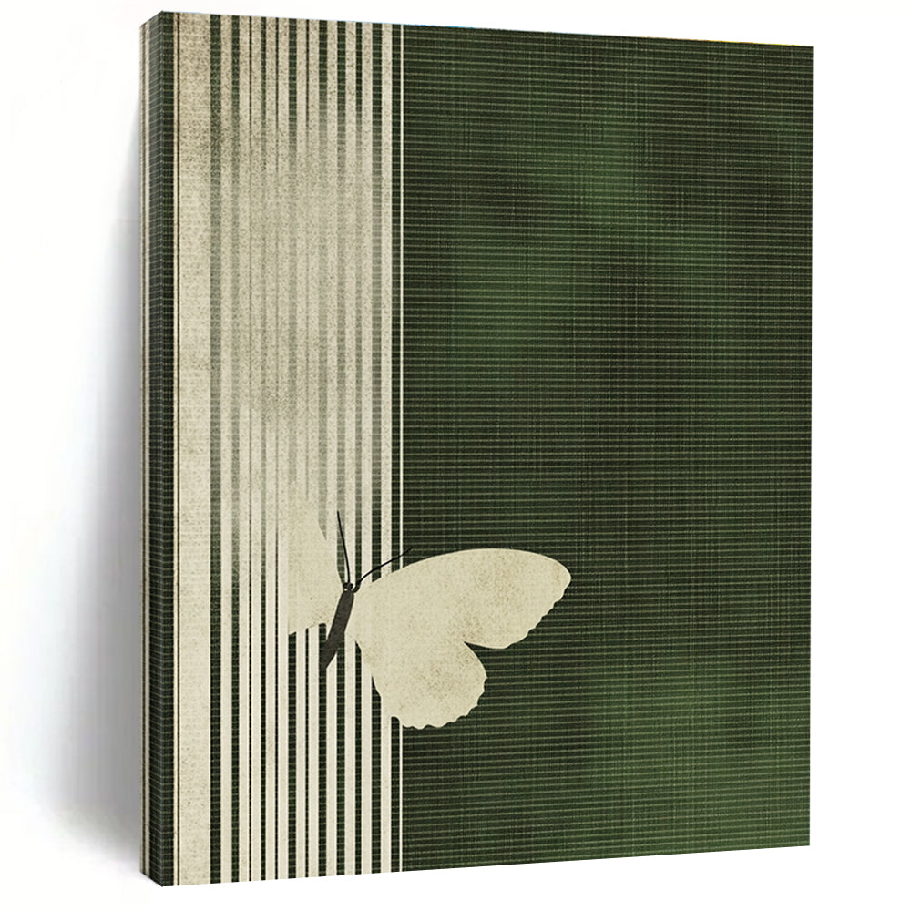 White Butterfly on Green Stripes Abstract Painting of Delicate Contrast GAB0173