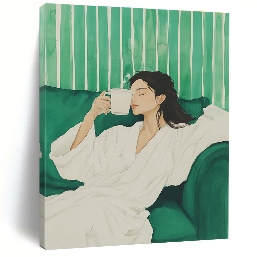Woman with Coffee on Green Sofa Painting of Relaxed Comfort GAB0135