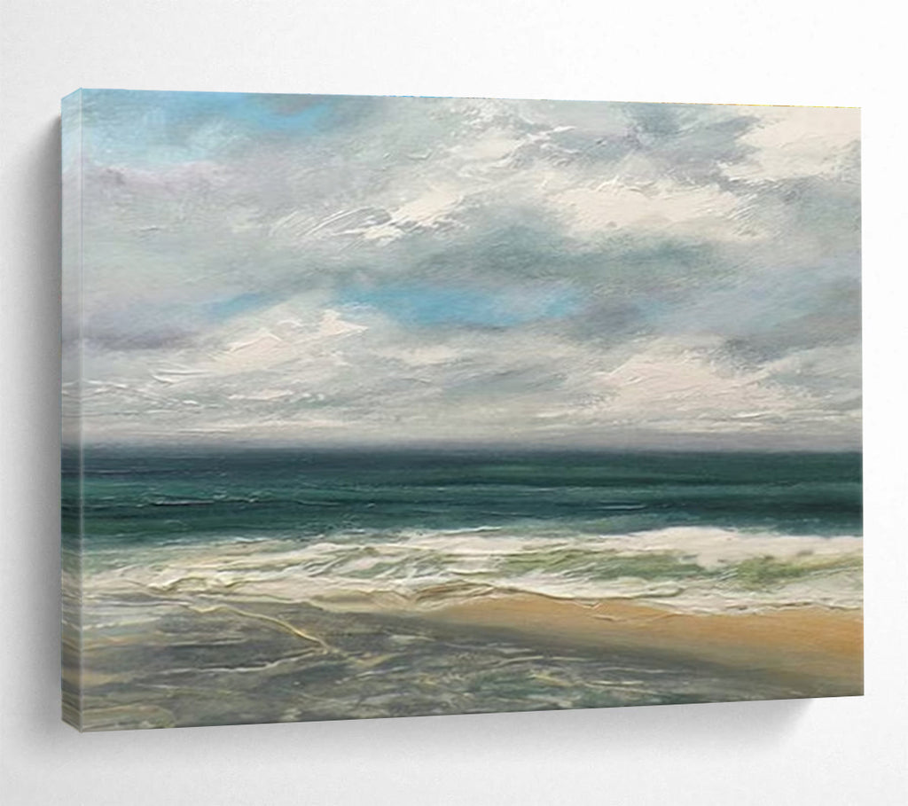Cloudy Beach Scene Seascape Abstract Painting for Coastal Vibes YHT020