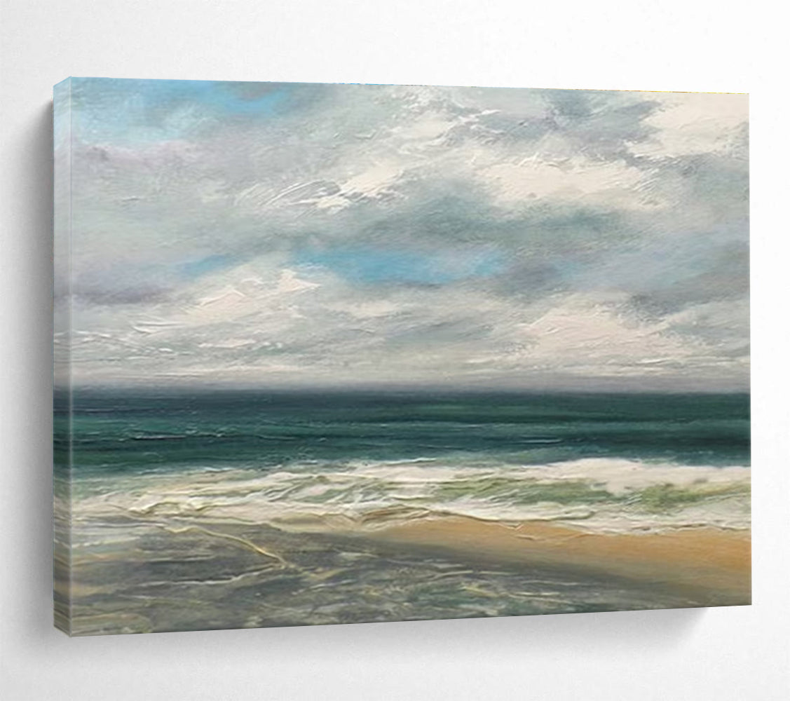 Cloudy Beach Scene Seascape Abstract Painting for Coastal Vibes YHT020