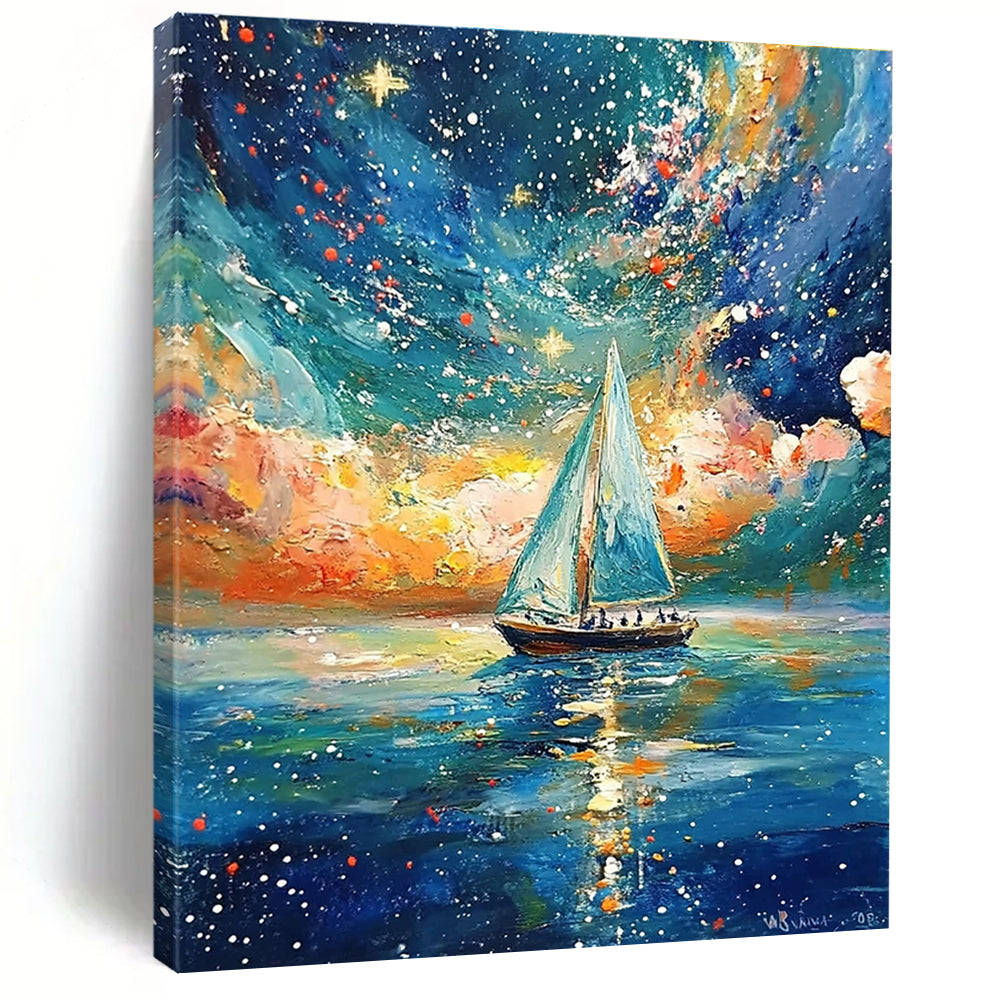 Sailboat Under Starry Sky Dreamy Maritime Abstract Painting GAB0354