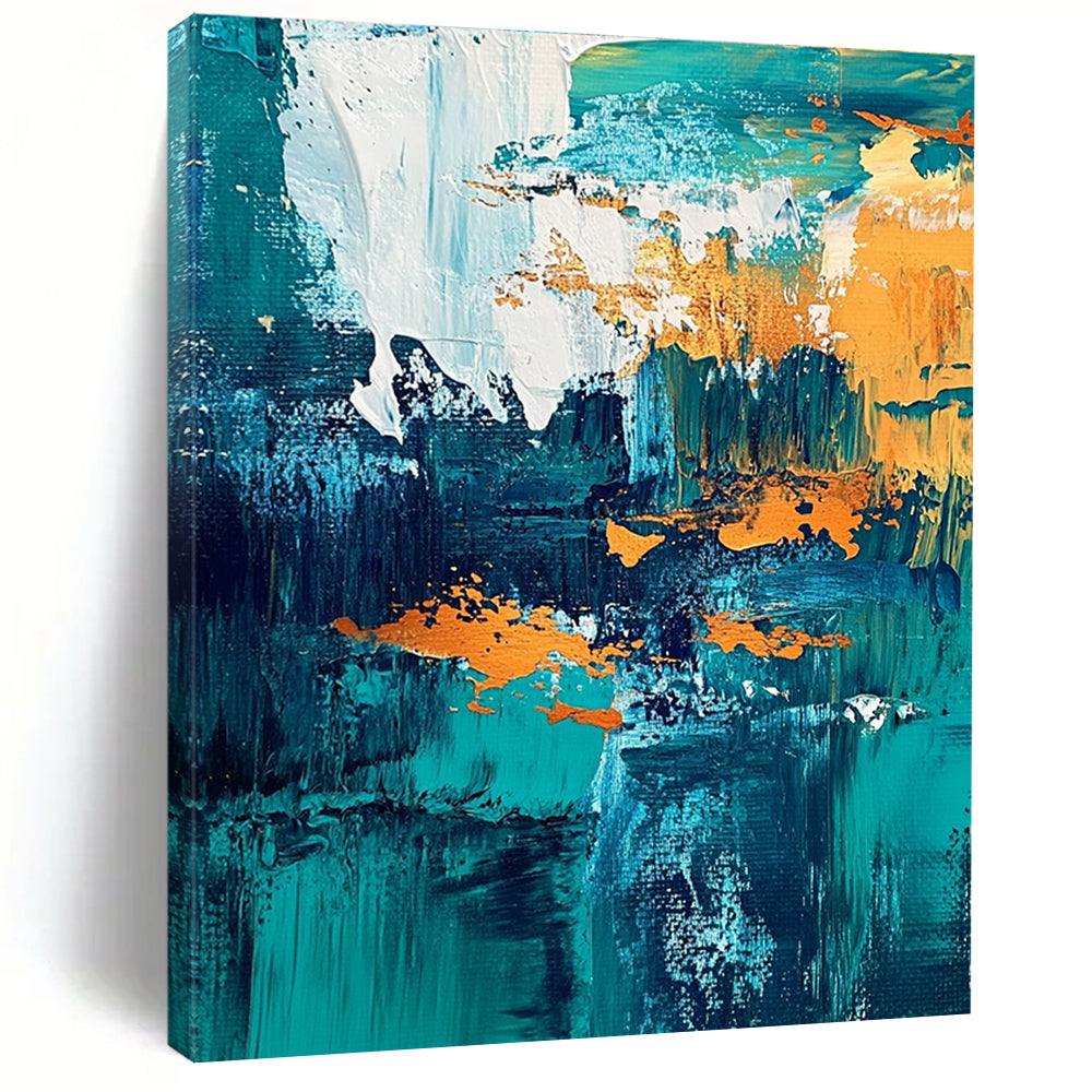 Teal and Gold Abstract Composition Painting for Coastal - Inspired Residences GAB1168
