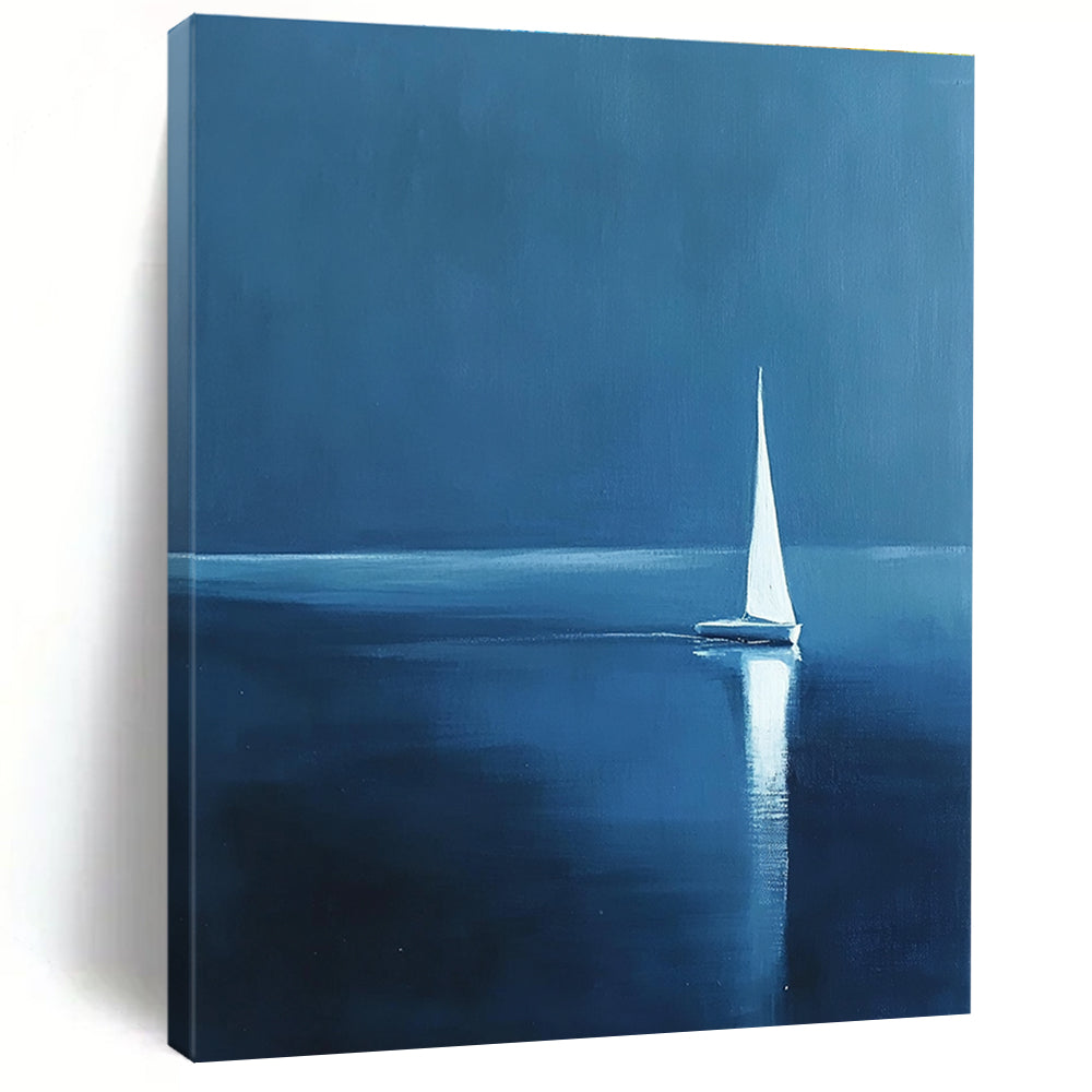 White Sailboat at Night Serene Maritime Abstract Painting GAB0223