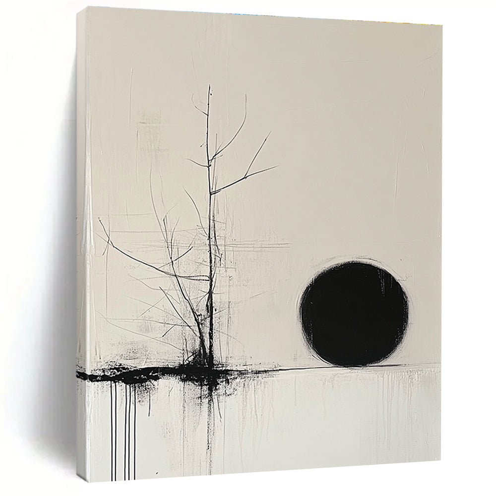 Bare Tree and Black Circle Abstract Painting of Quiet Contemplation GAB0204
