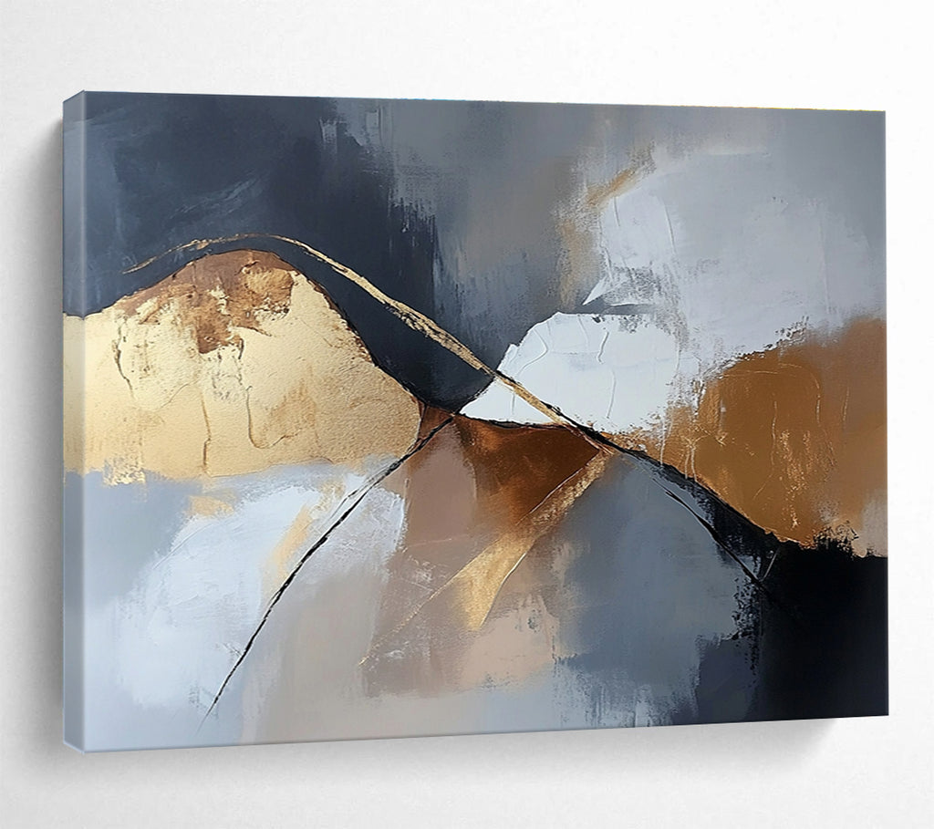 Gold - Accented Mountain Abstract Painting with Dramatic, Minimalist Peaks ABS485