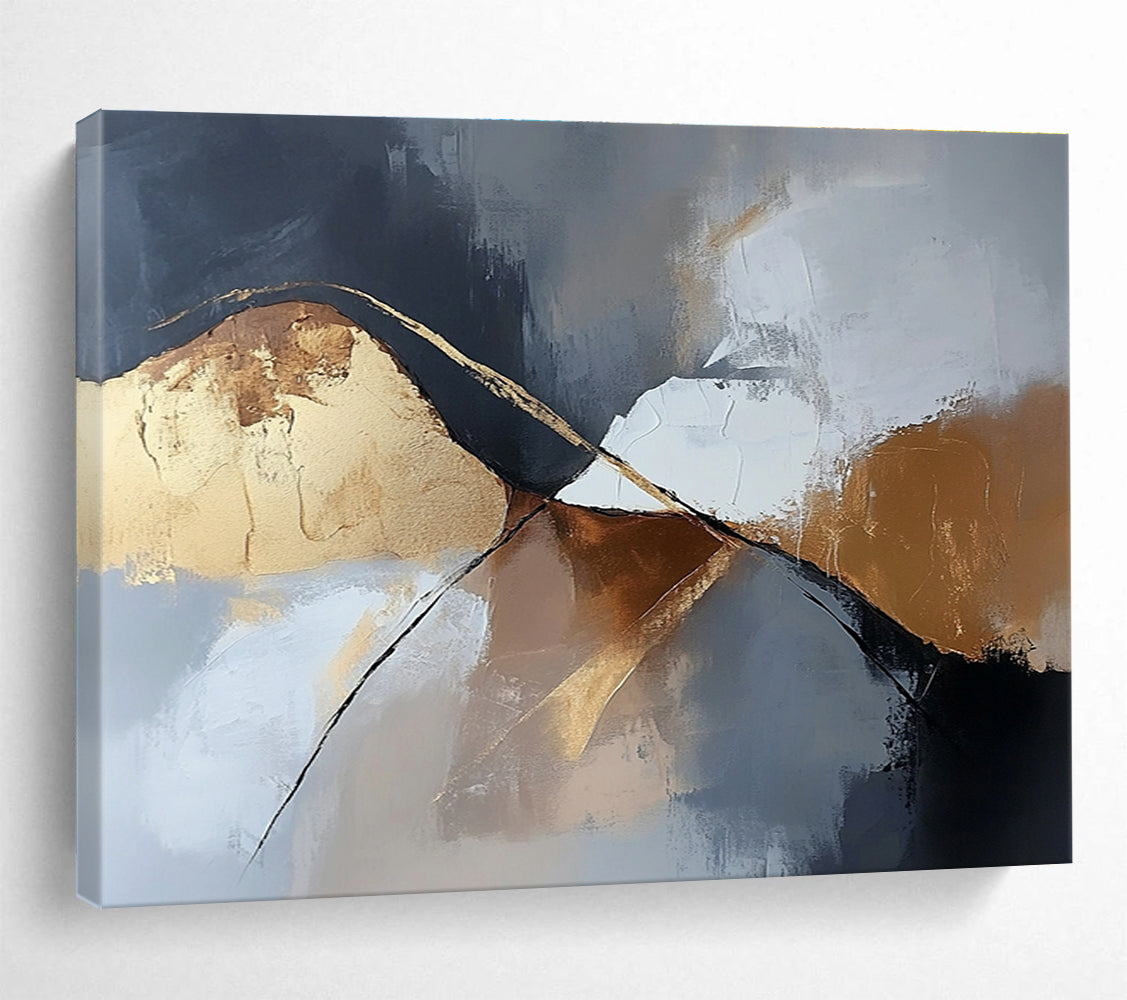 Gold - Accented Mountain Abstract Painting with Dramatic, Minimalist Peaks ABS485