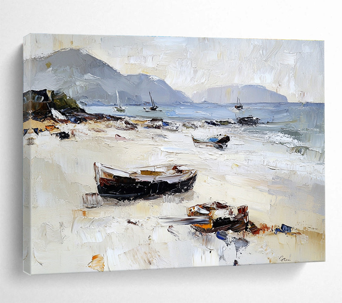 Beach with Beached Boats Abstract Painting with Casual Coastal Charm ABS602