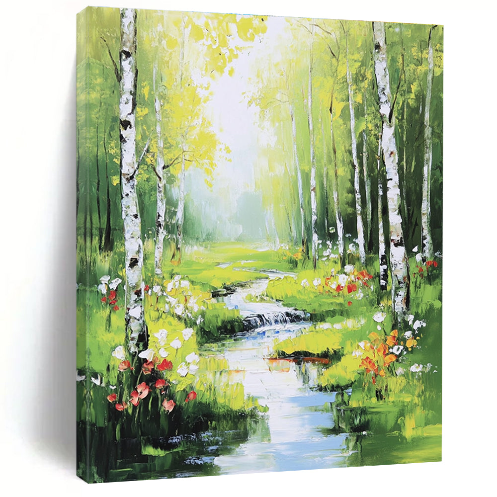Enchanted Forest Stream Abstract Painting with Lush Greens GAB0013