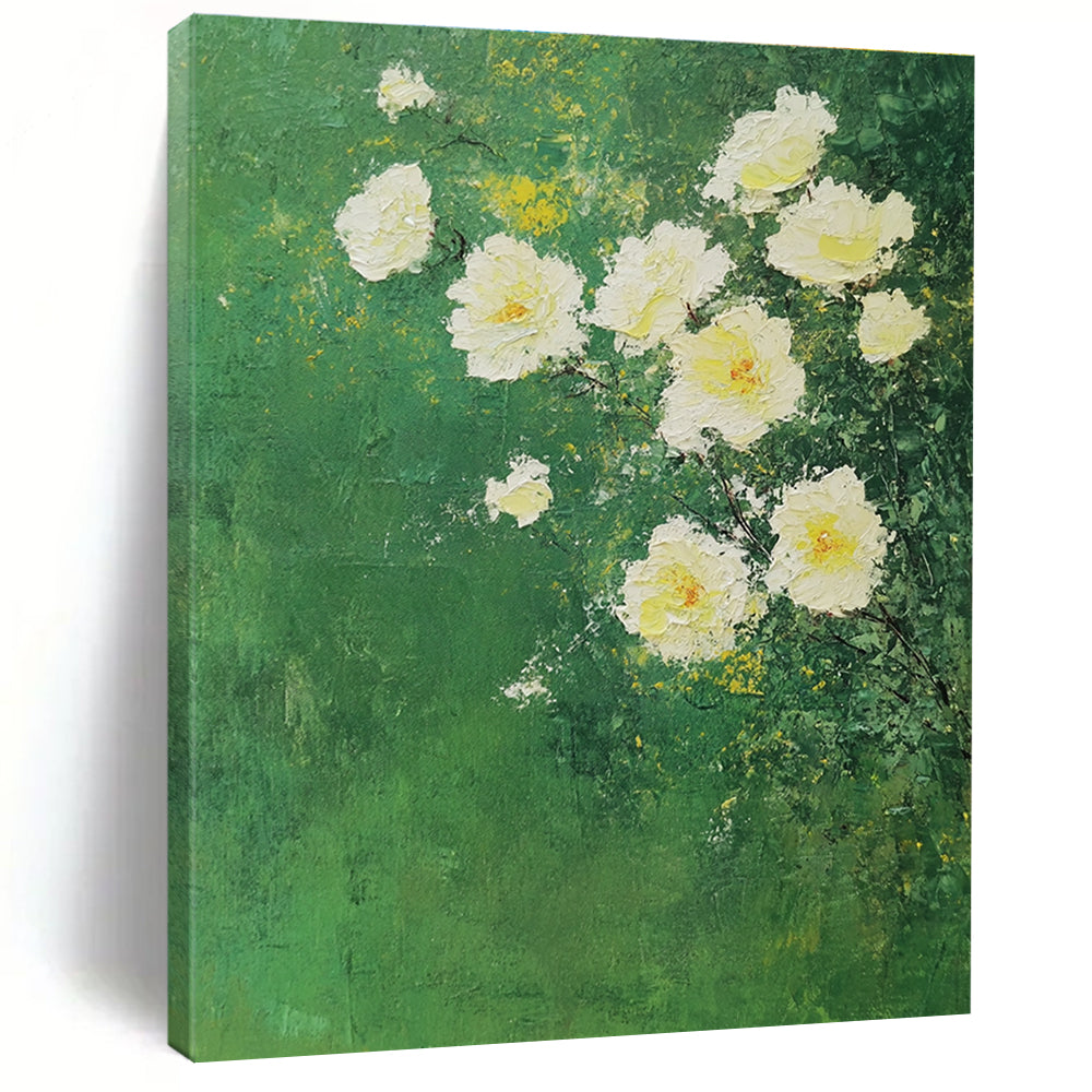 White Roses on Green Impressionistic Abstract Painting GAB0305