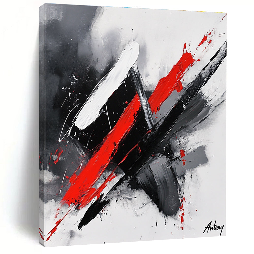 Red, Black, and White Dynamic Strokes Abstract Painting with Energetic Flair WINK245