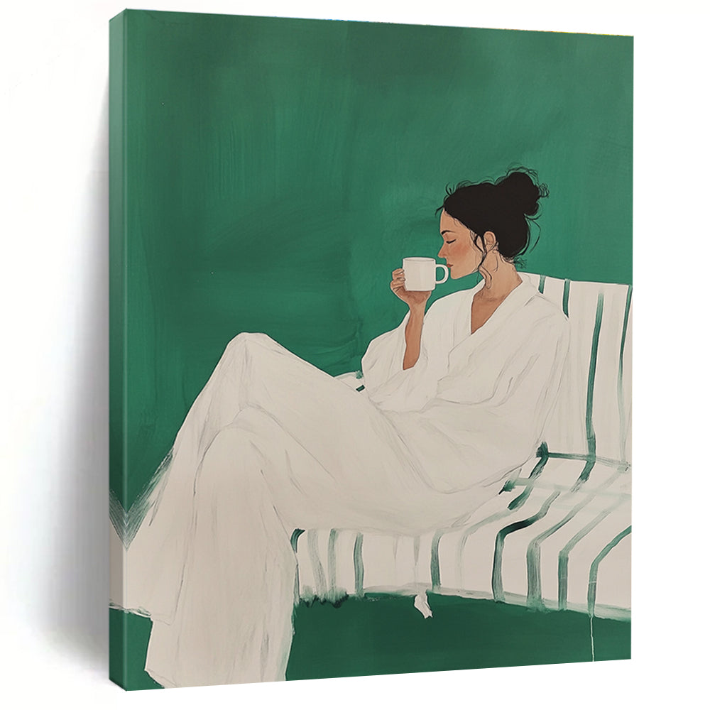 Leisurely Woman with Cup Abstract Painting in Green and White GAB0020