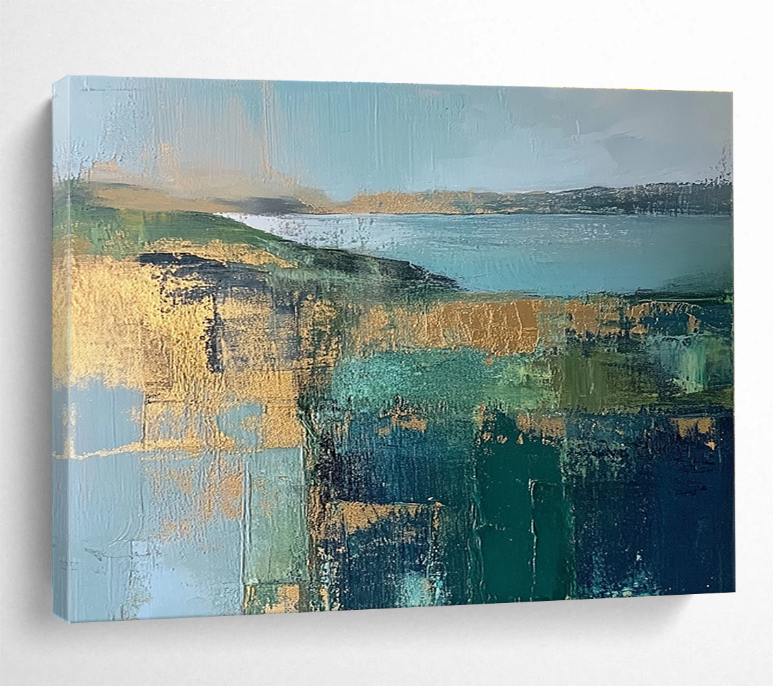 Coastal Landscape Abstract Painting with Teal and Gold ABS268