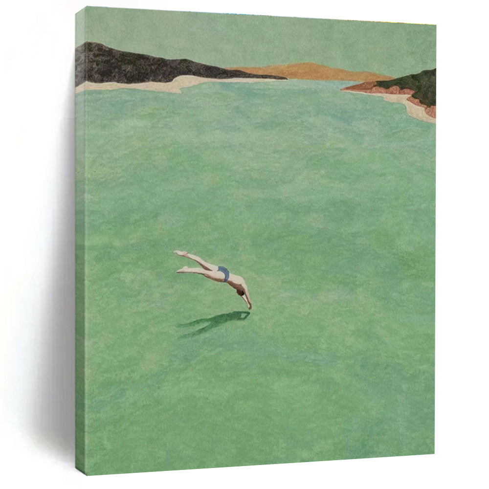 Diver in Green Water Figurative Painting for Nature - Inspired Spaces HENG304