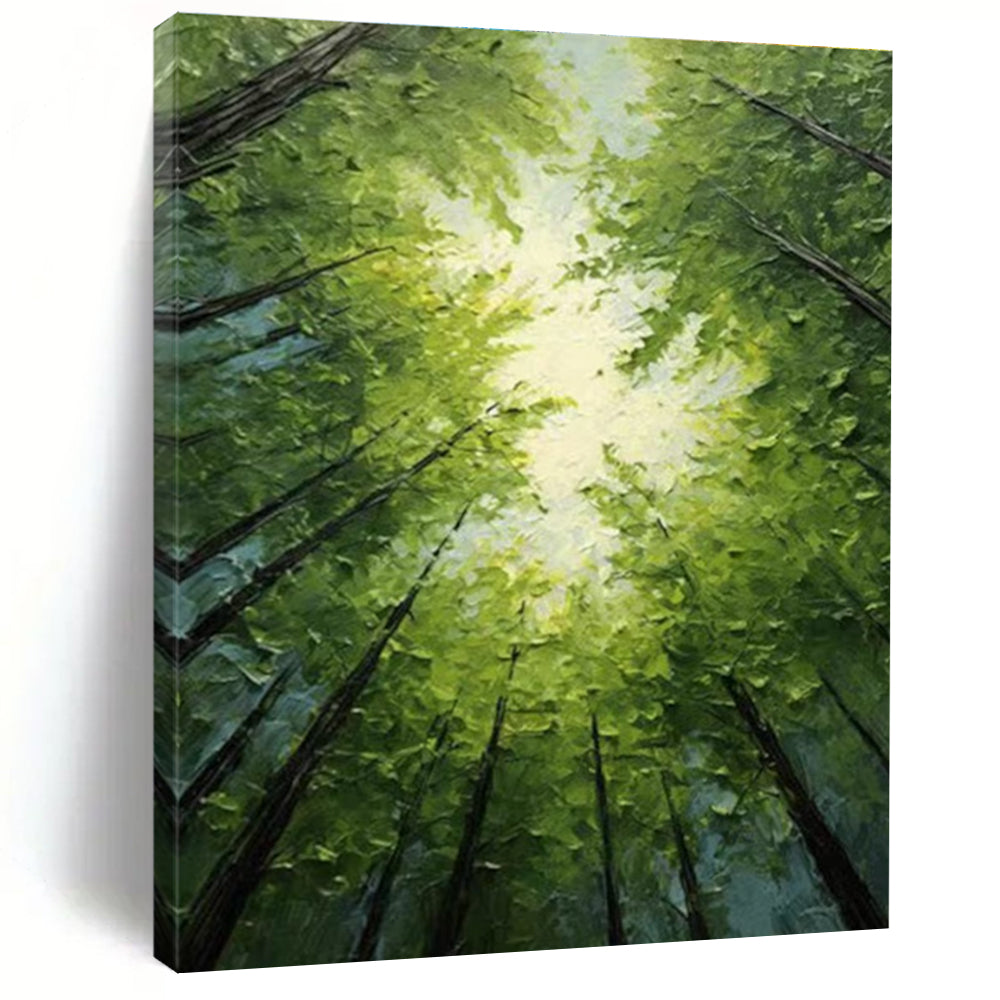 Serene Sunlit Forest Canopy Abstract Painting for Peaceful Spaces HENG266