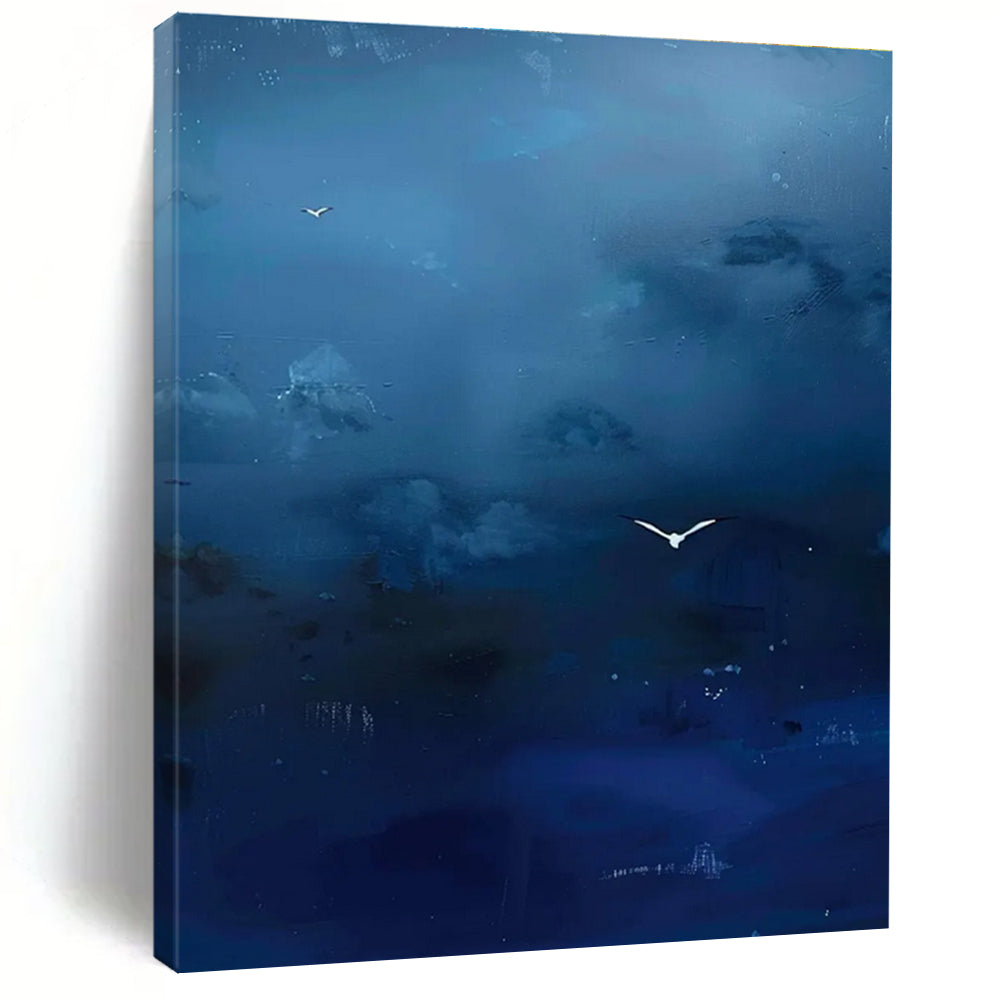 Blue Sky with White Birds Abstract Painting for Coastal Home Offices HENG507